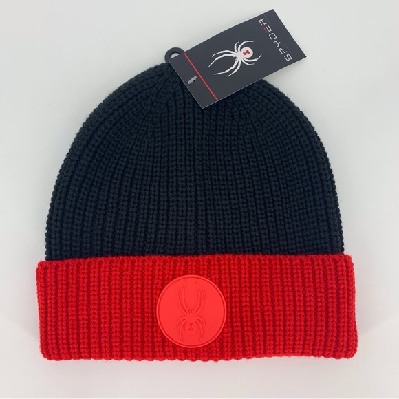Spyder NWT Mens' Black and Res Colorblock Knit Beanie, OS - Picture 3 of 12